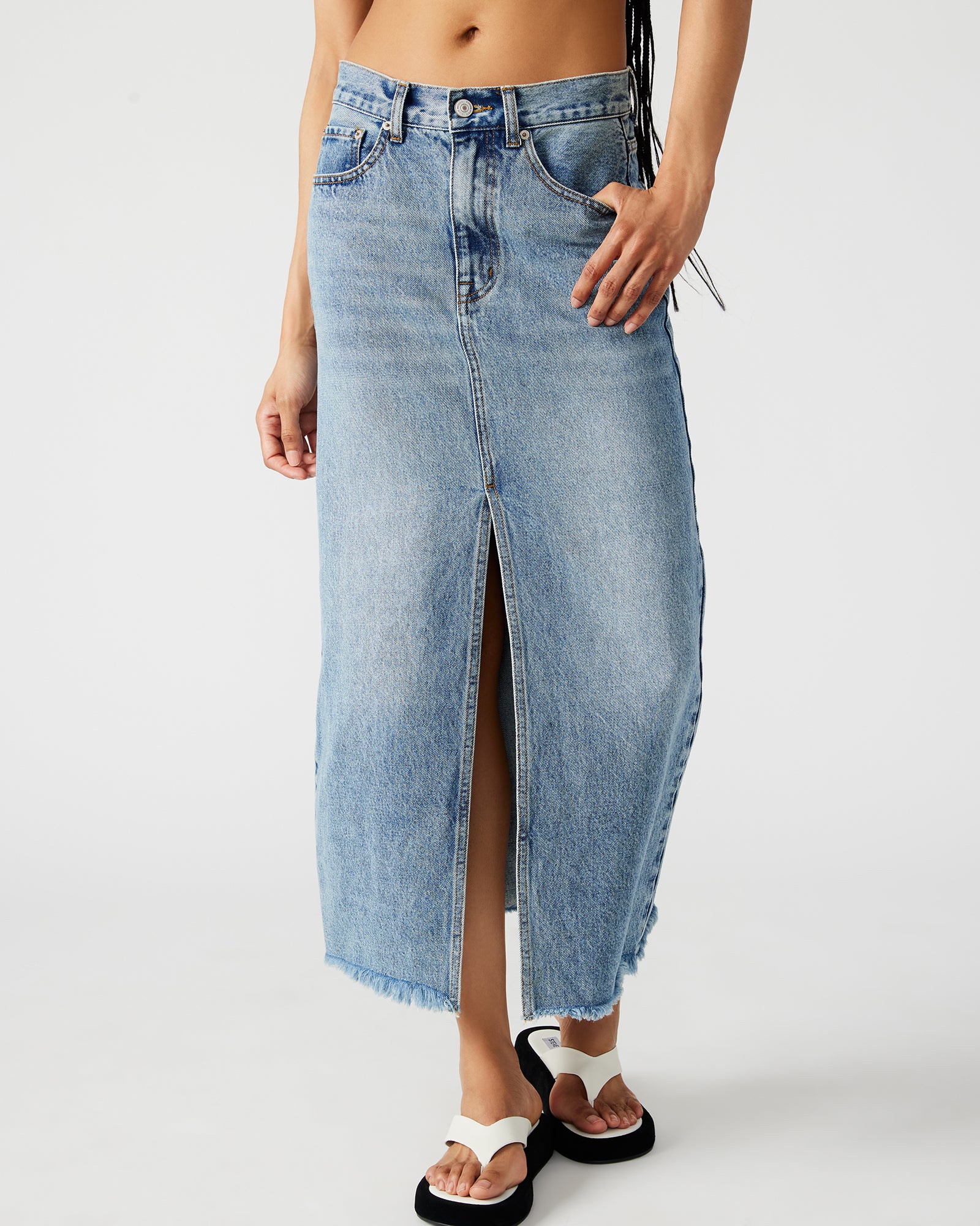 AVANI Blue Denim Midi Skirt | Women's Designer Skirts – Steve Madden Canada