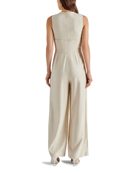 ASHTYN Beige Linen Blend Zip-Up Wide Leg Jumpsuit | Women's Designer ...