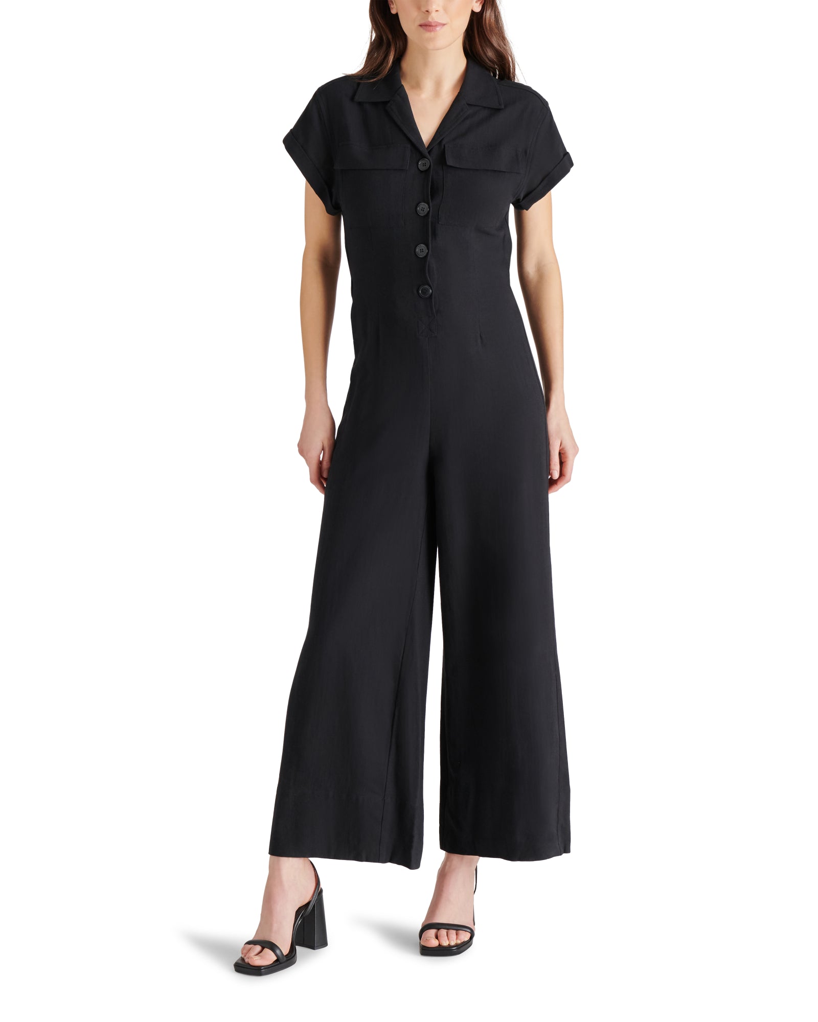 FARA Black Short Sleeve Button Up Jumpsuit | Women's Designer Clothing –  Steve Madden Canada