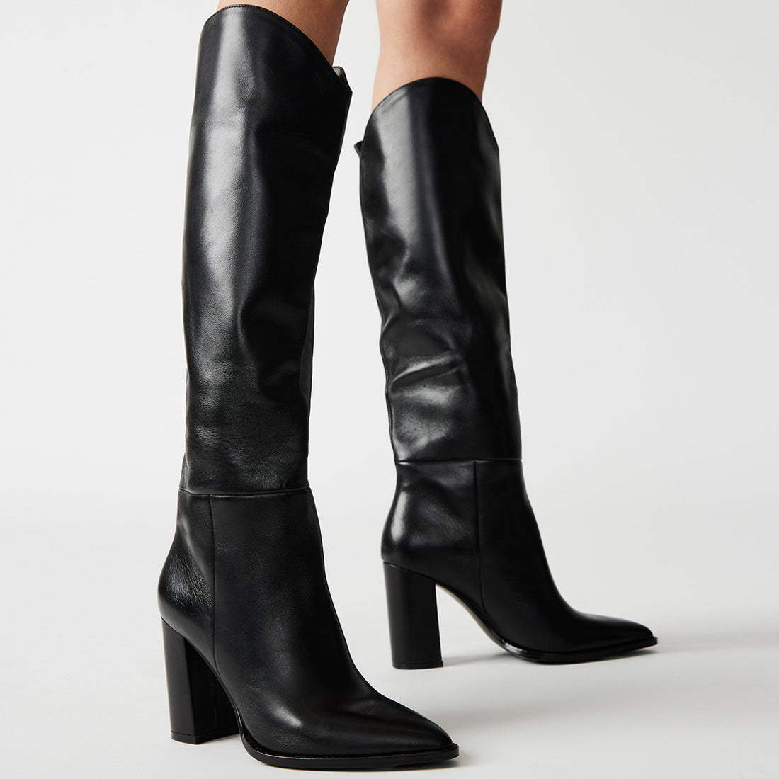 BIXBY Black Leather Pointy Toe Knee High Boots | Women's Designer Shoes ...