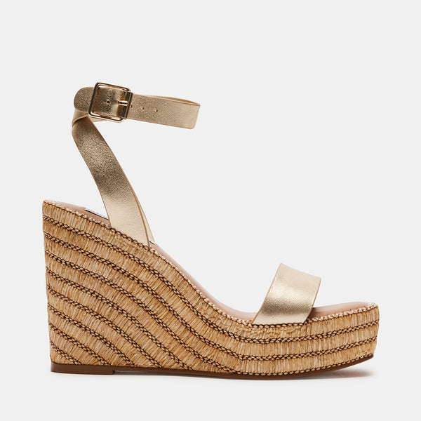 CASSIE Gold Leather Raffia Wedge Sandals | Women's Designer Shoes ...