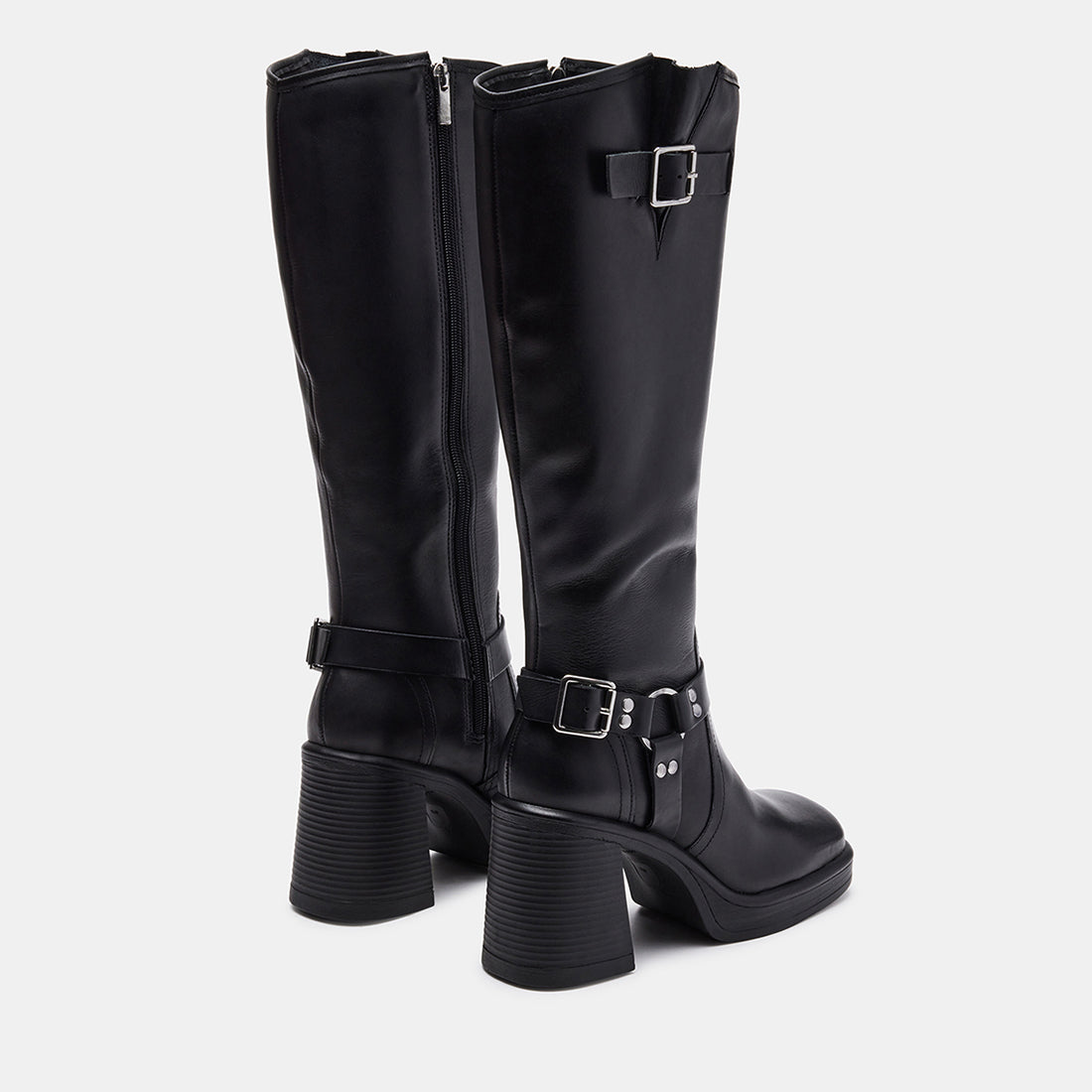 FRANCINE Black Leather Block Heel Knee High Boots | Women's Designer ...