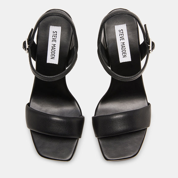 MAREENA Black Leather Square Toe Block Heel | Women's Designer Heels ...