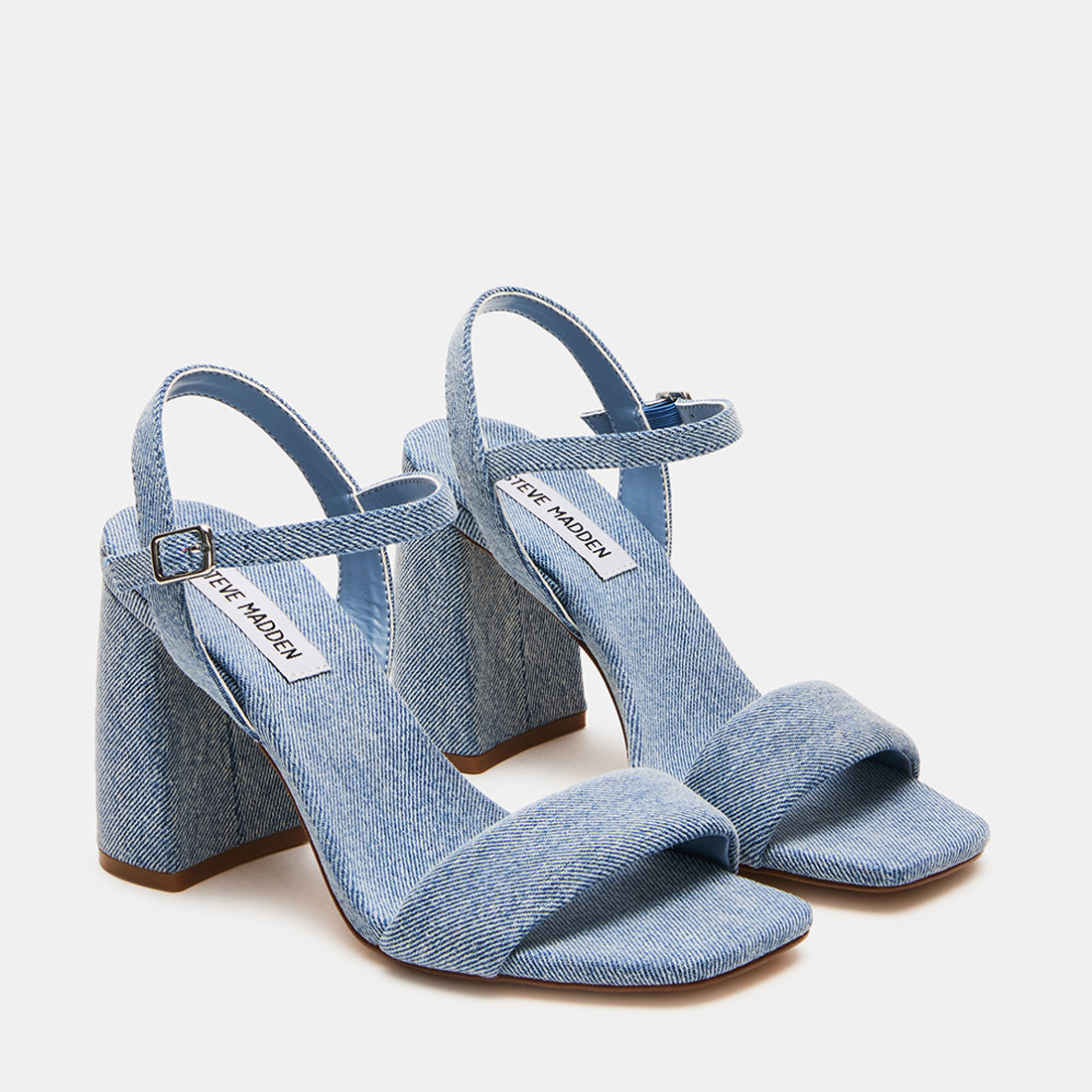 MAREENA Denim Fabric Square Toe Block Heel | Women's Designer Heels ...