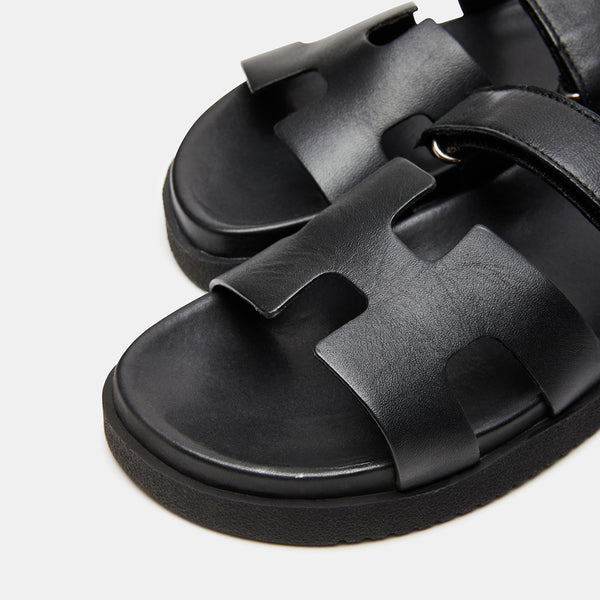 MAYVEN Black Leather Flatform Slide Sandals | Women's Designer Sandals ...