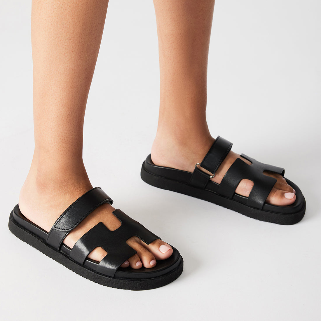 MAYVEN Black Leather Flatform Slide Sandals | Women's Designer Sandals ...