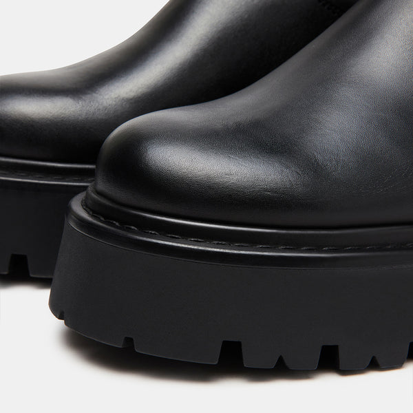 REX Black Leather Lug Sole Knee High Platform Boots | Women's Designer ...