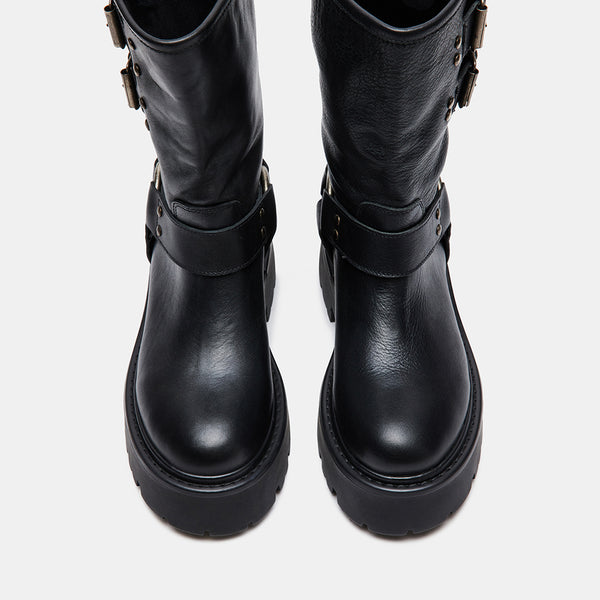REIKA Black Leather Buckle Platform Booties | Women's Designer Booties ...