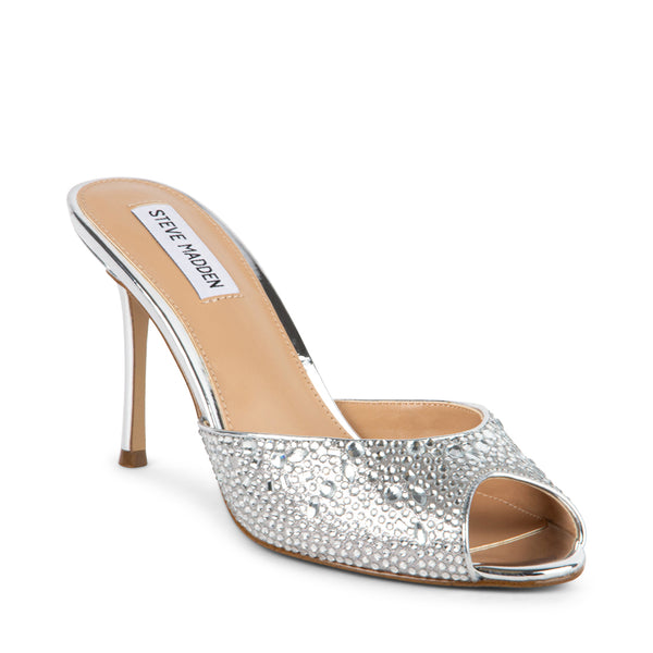 ROLLOUT-R Silver Rhinestone Peep Toe Heels | Women's Designer Shoes ...